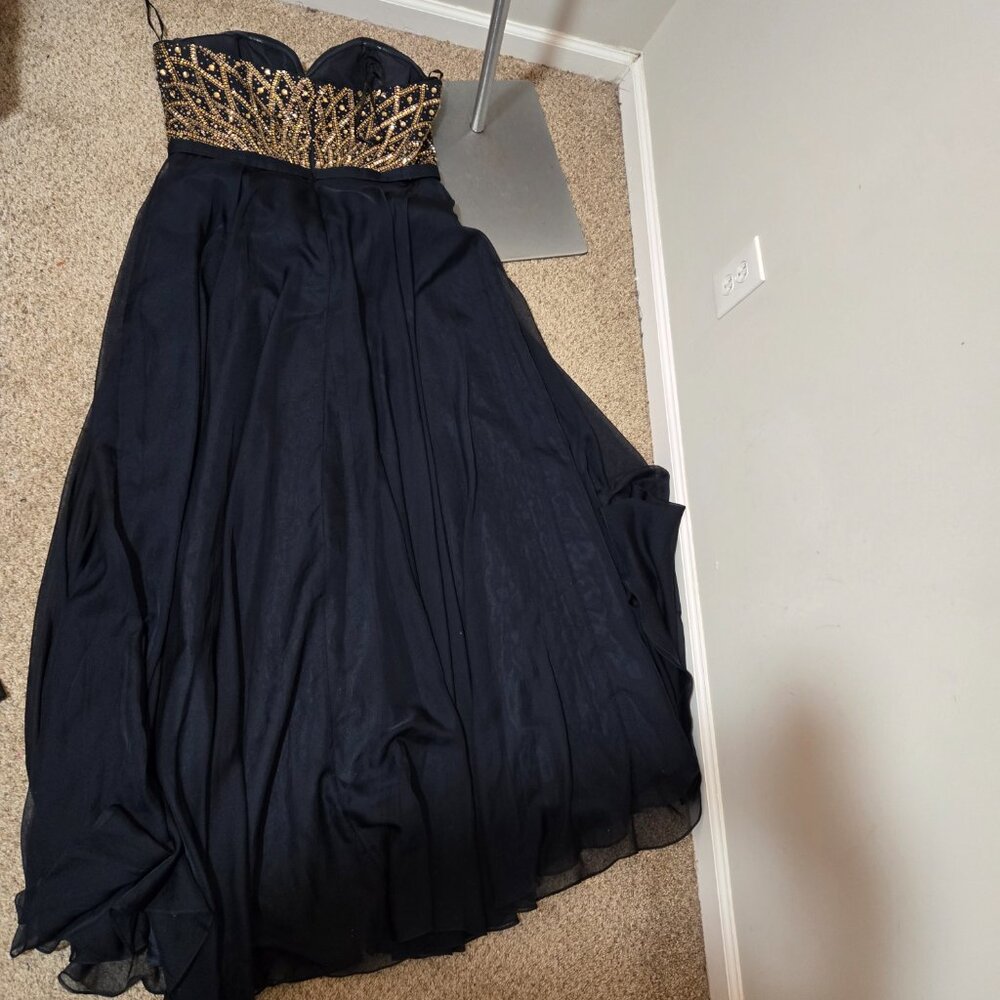 Sz 18 Alyce Paris 6573 Navy Chiffon Strapless Sweetheart Gown Gold Citrine Stone - Picture 5 of 12